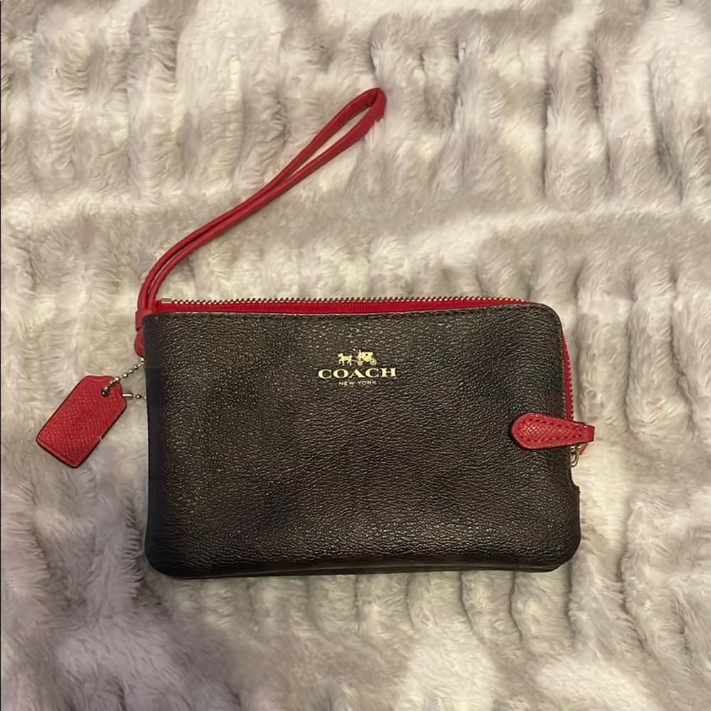 Coach Brown Leather Wristlet with Red Trim
